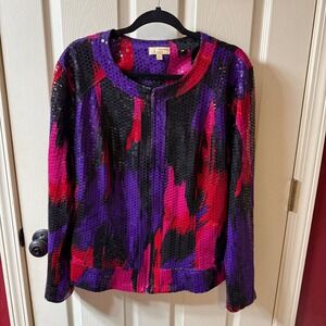Choices Women's XL Zipper Jacket Abstract Print Purple Black Red Metallic